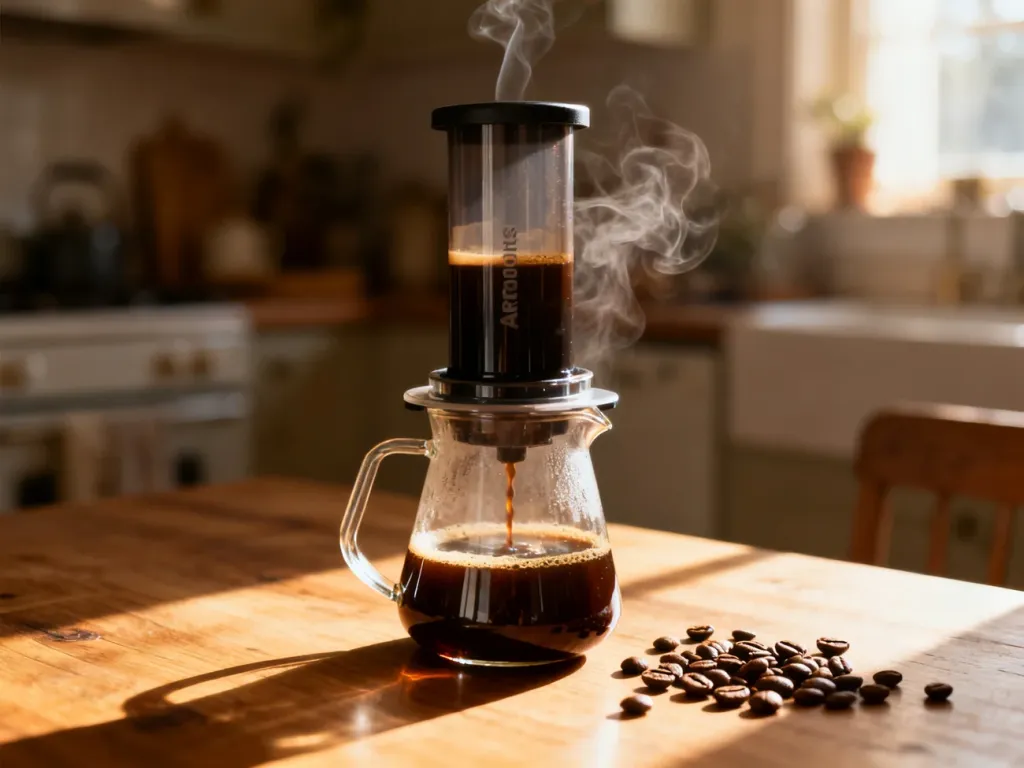 Aeropress parzący świeżą kawę do szklanego dzbanka w przytulnej, słonecznej kuchni.