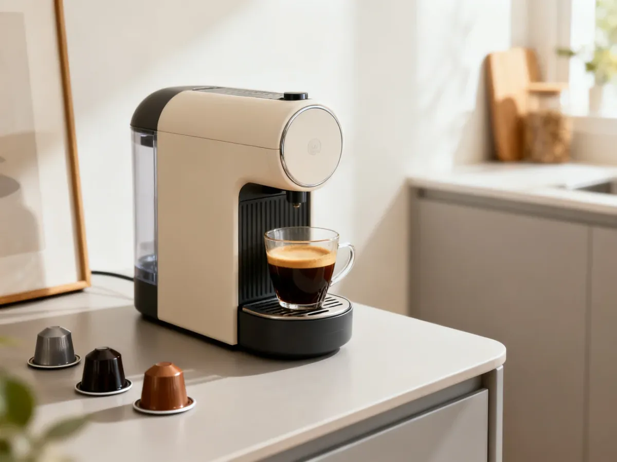 Kompaktowy ekspres kapsułkowy przygotowujący espresso w małej kuchni