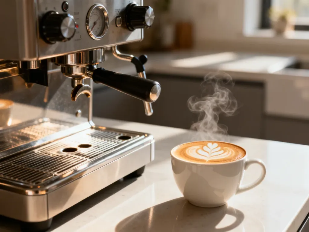 Profesjonalny ekspres do kawy na nowoczesnym blacie kuchennym z filiżanką świeżego latte w promieniach porannego słońca.