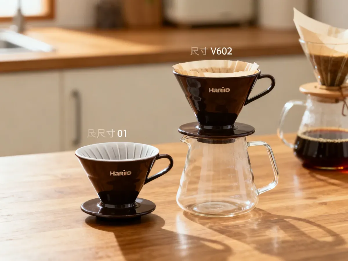 Dwa drippery Hario V60 w rozmiarach 01 i 02 ustawione obok siebie