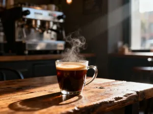 Dwie strugi świeżo parzonego espresso wlewające się do białej filiżanki z widoczną gęstą, złotą cremą.