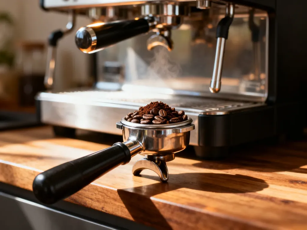 Profesjonalny portafilter wypełniony świeżo zmieloną kawą, przygotowany do parzenia espresso w domowym ekspresie.