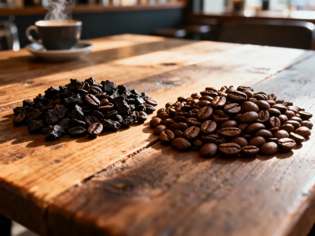 Porównanie ziaren kawy robusta i arabica ułożonych na drewnianym stole w kawiarni.