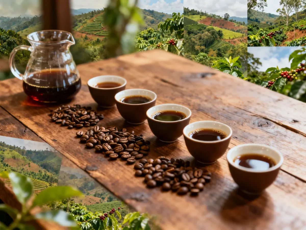 Degustacja kawy single origin z ziarnami i filiżankami na drewnianym stole