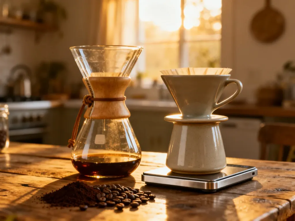 Szklany Chemex i ceramiczny dripper ustawione obok siebie na drewnianym stole, gotowe do parzenia kawy w porannym świetle.