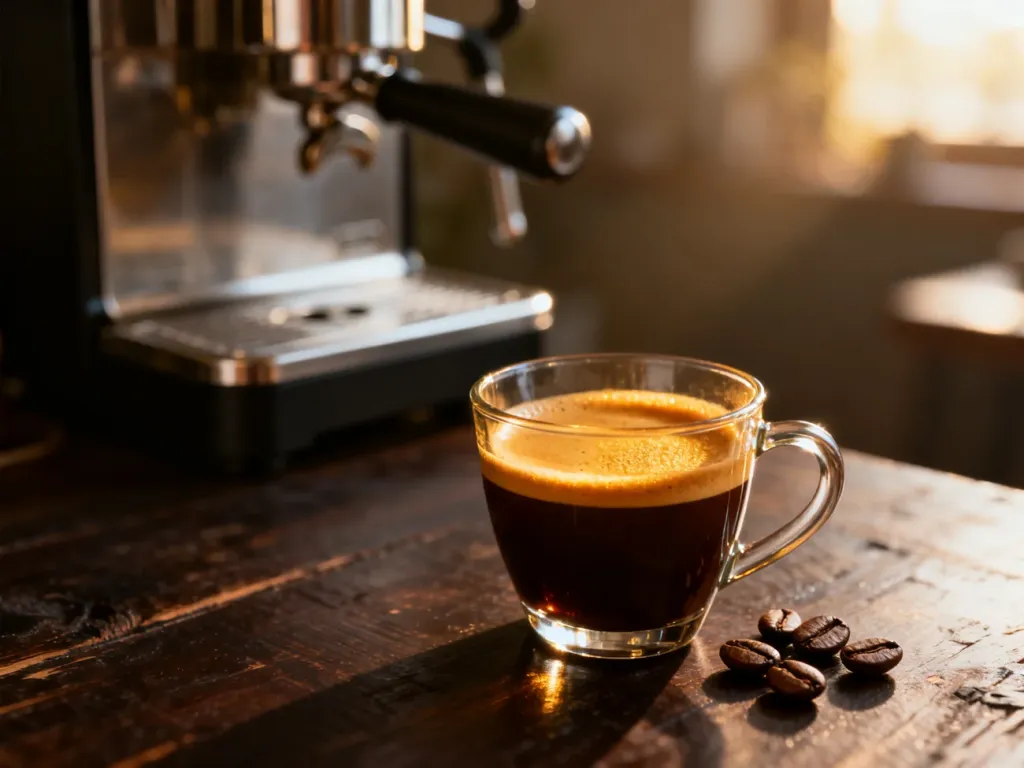Szklanka espresso lungo z gęstą cremą na drewnianym stole, obok rozsypane ziarna kawy i profesjonalny ekspres w tle.