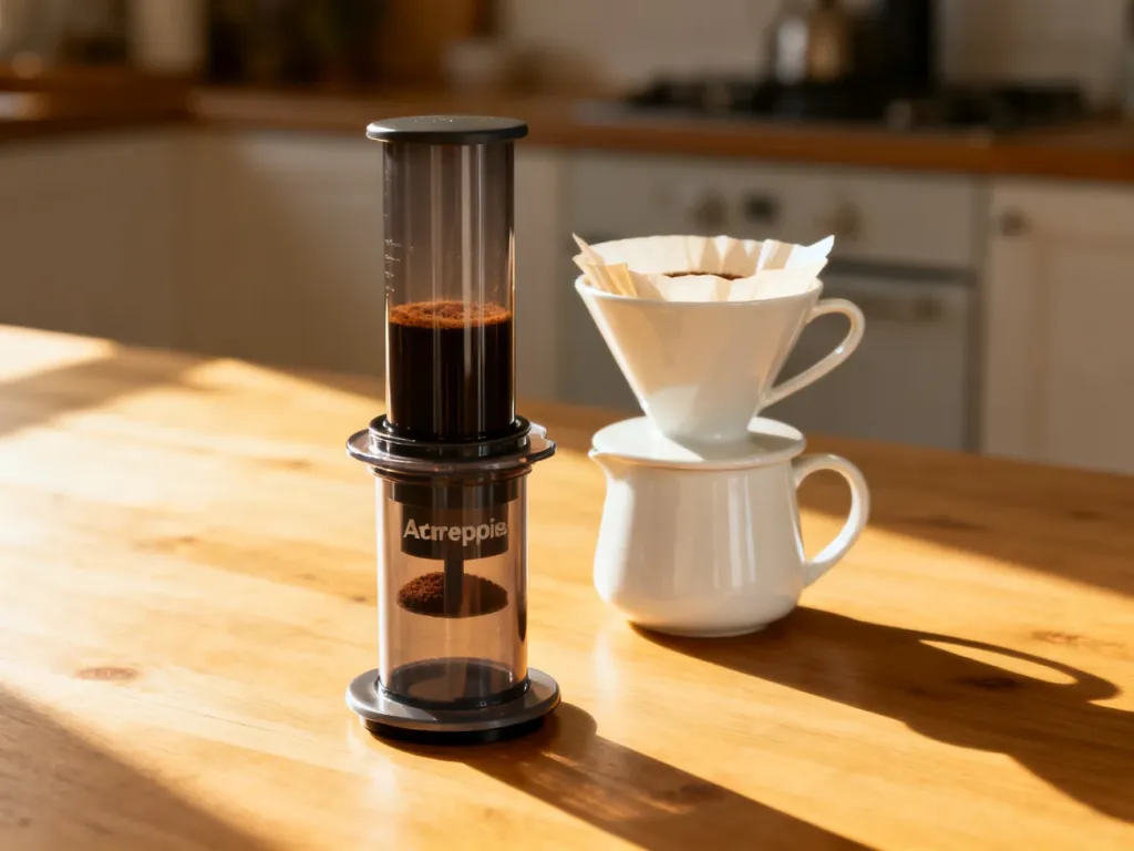 Zestawienie Aeropressu i dripu V60 z filtrem na drewnianym stole w świetle poranka.
