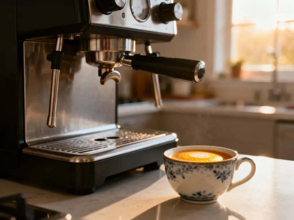 Nowoczesny ekspres automatyczny przygotowujący świeże espresso z gęstą cremą na domowym blacie kuchennym.