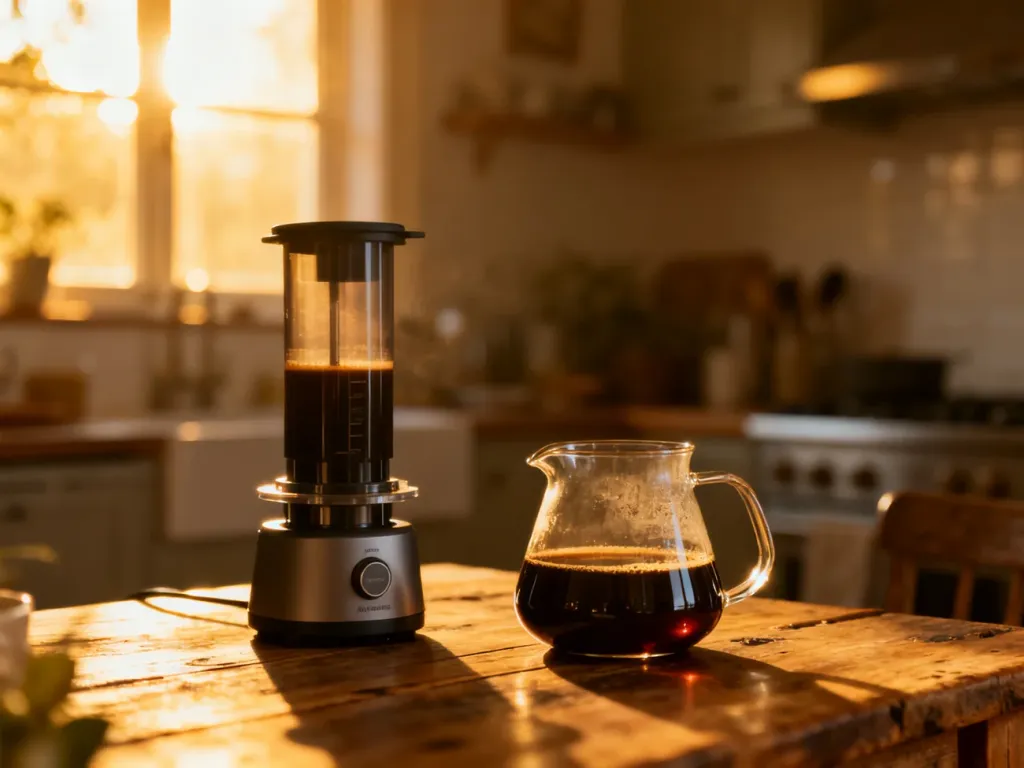 Aeropress z zaparzoną kawą w szklanym dzbanku na drewnianym stole w promieniach porannego słońca.