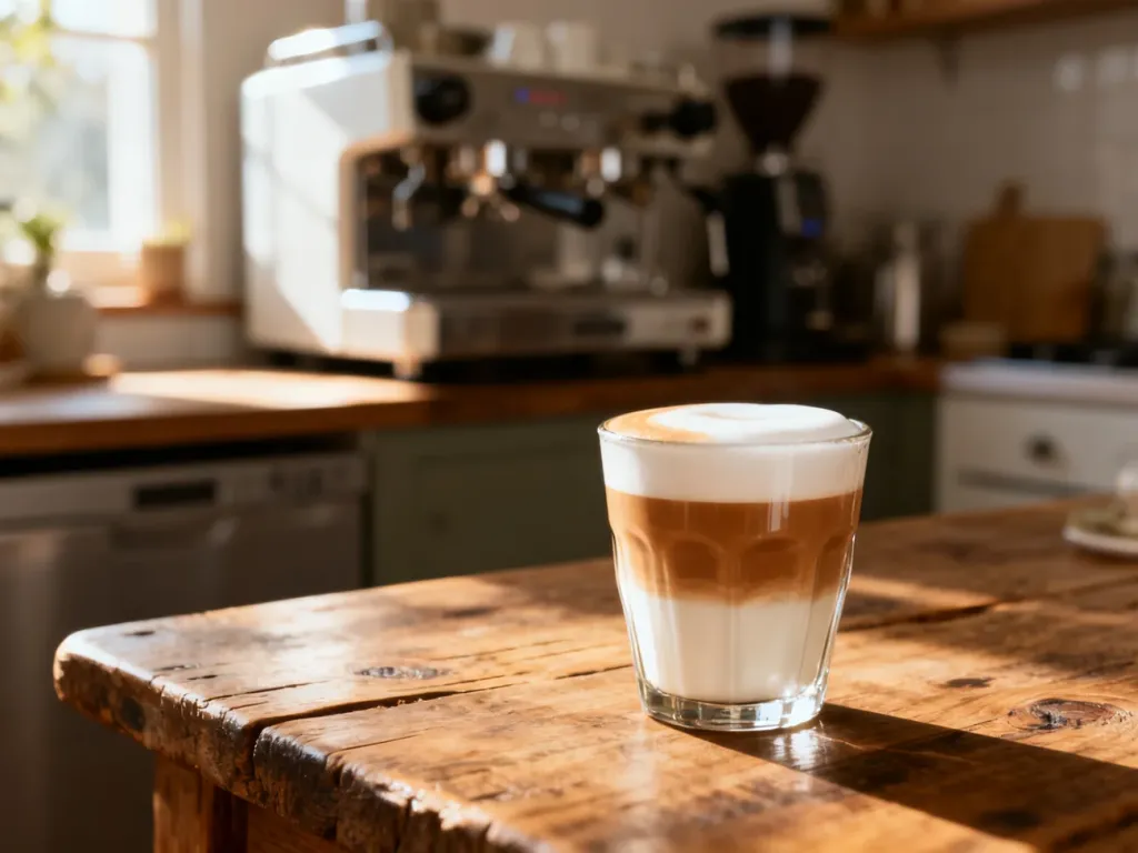 Szklanka świeżego latte macchiato z widocznymi warstwami kawy i mlecznej pianki na drewnianym stole w słonecznej kuchni.