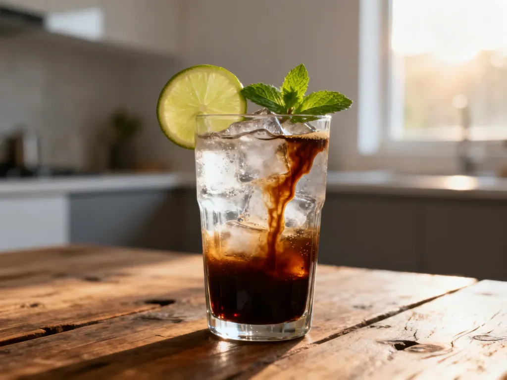 Szklanka espresso tonic z lodem, limonką i miętą na drewnianym stole w słonecznej kuchni.