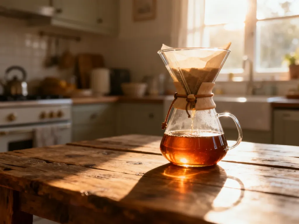 Szklany Chemex z zaparzoną kawą na drewnianym stole w przytulnej, nasłonecznionej kuchni.