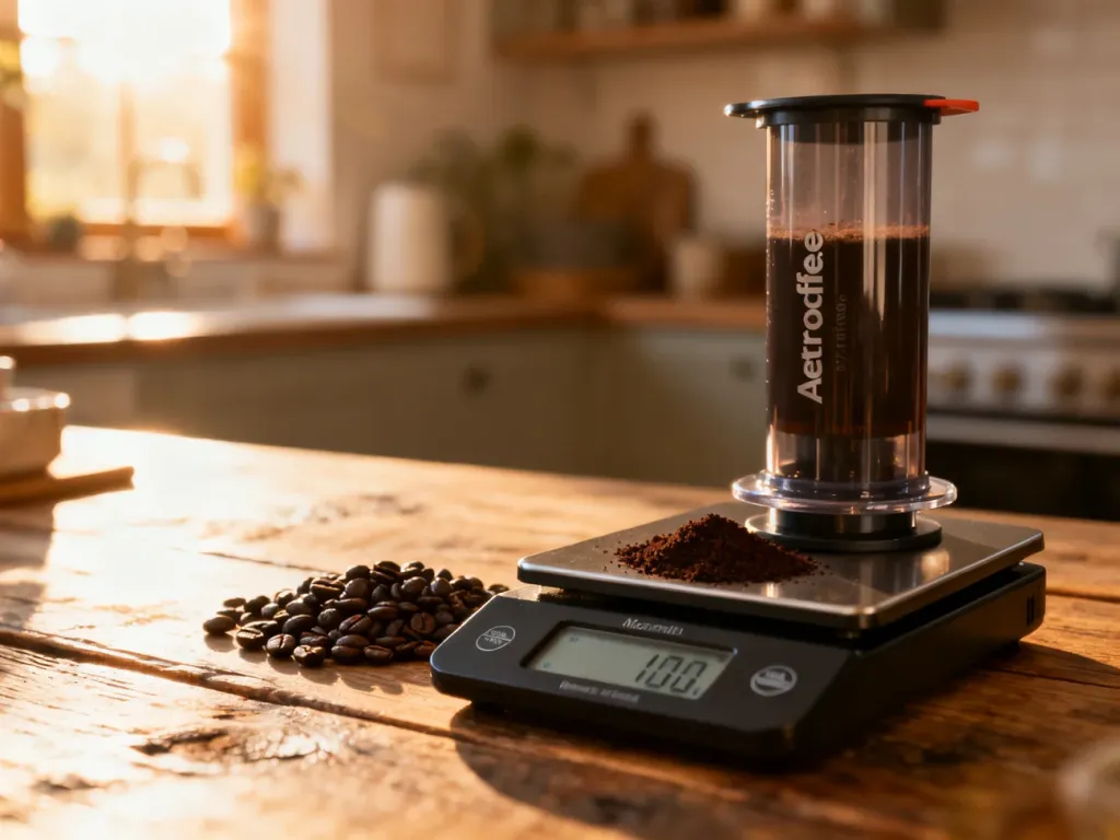 AeroPress na drewnianym stole z wagą kuchenną i świeżo zmieloną kawą w promieniach porannego słońca.