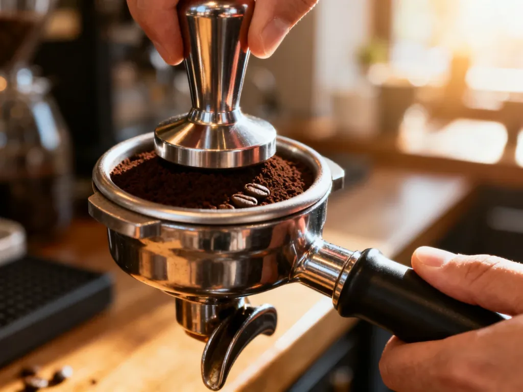 Barista ubijający świeżo zmieloną kawę w kolbie ekspresu, tworzący idealnie płaską powierzchnię przed parzeniem.