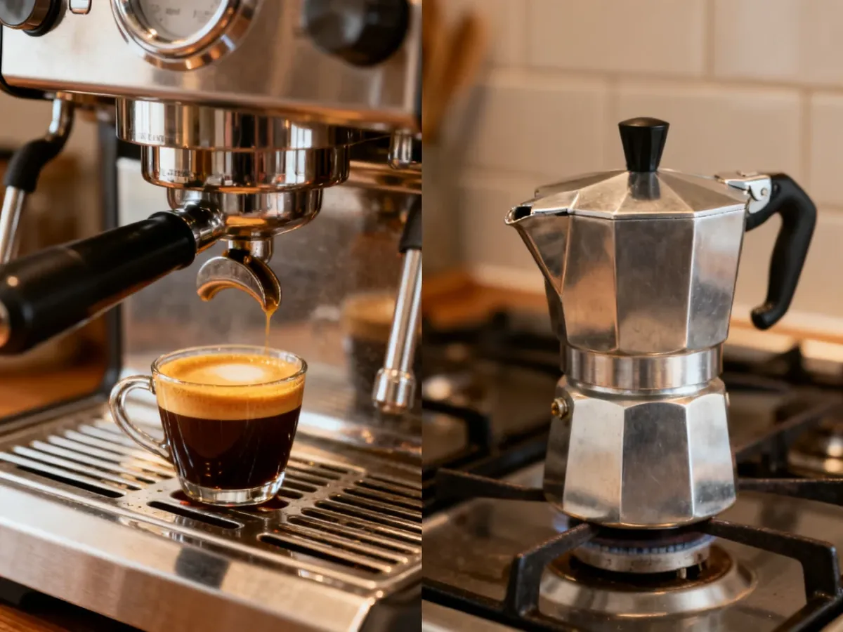Porównanie espresso z cremą i kawy przygotowywanej w kawiarce