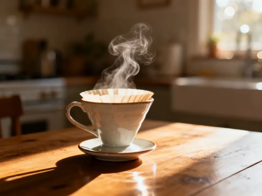 Porcelanowy dripper z parującą kawą na drewnianym stole w promieniach porannego słońca.