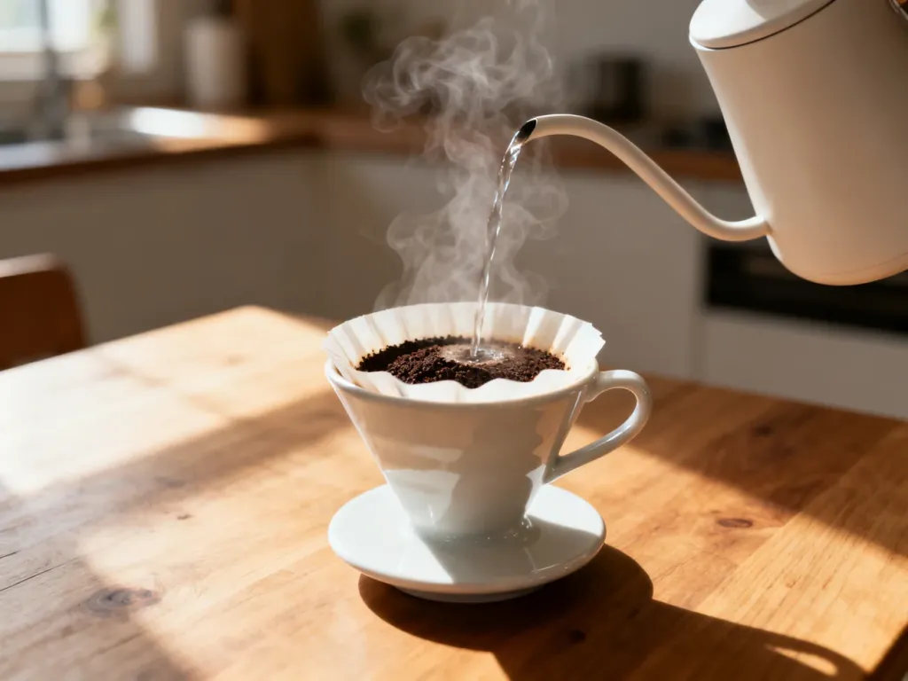 Ceramiczny dripper Hario V60 podczas zalewania zmielonej kawy gorącą wodą w słonecznej kuchni.