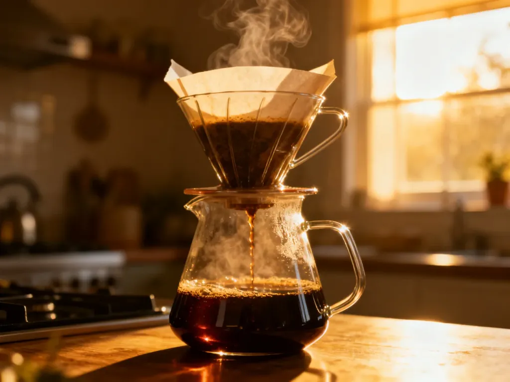Szklany dripper z parującą, świeżo zaparzoną kawą przelewową w przytulnej, słonecznej kuchni.