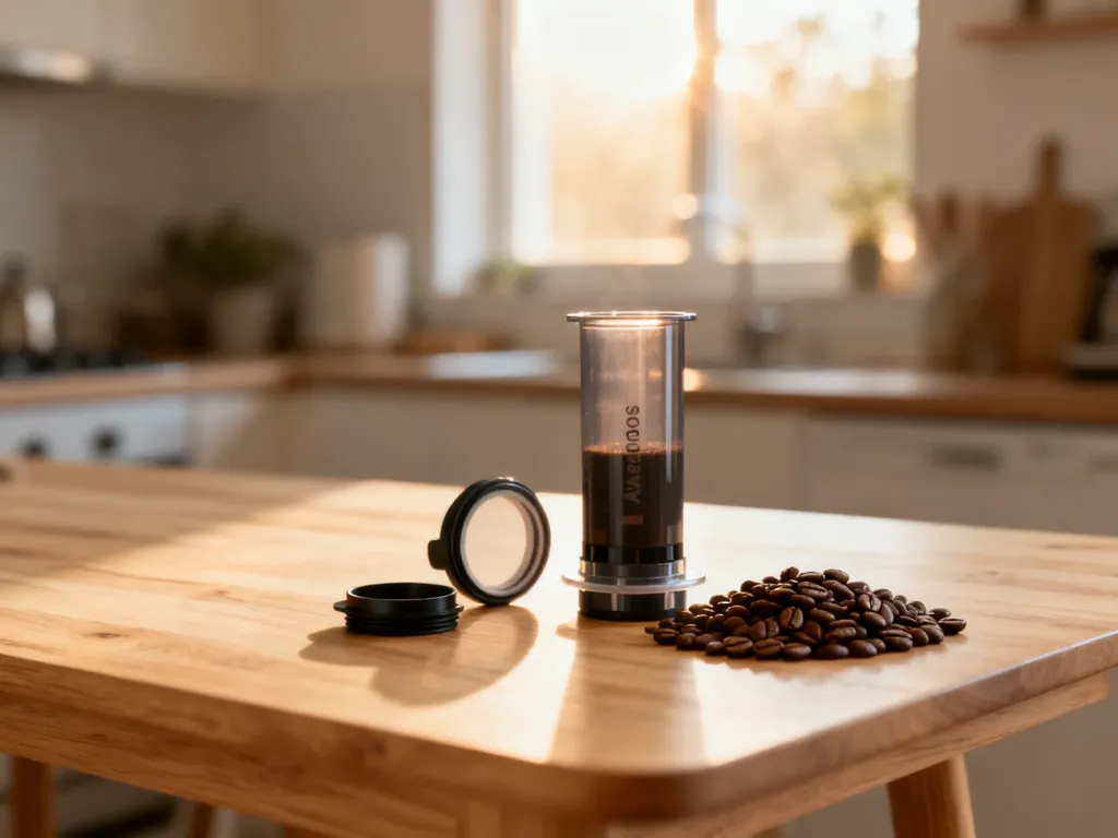 Rozłożony Aeropress obok ziaren kawy na drewnianym stole w słonecznej kuchni.