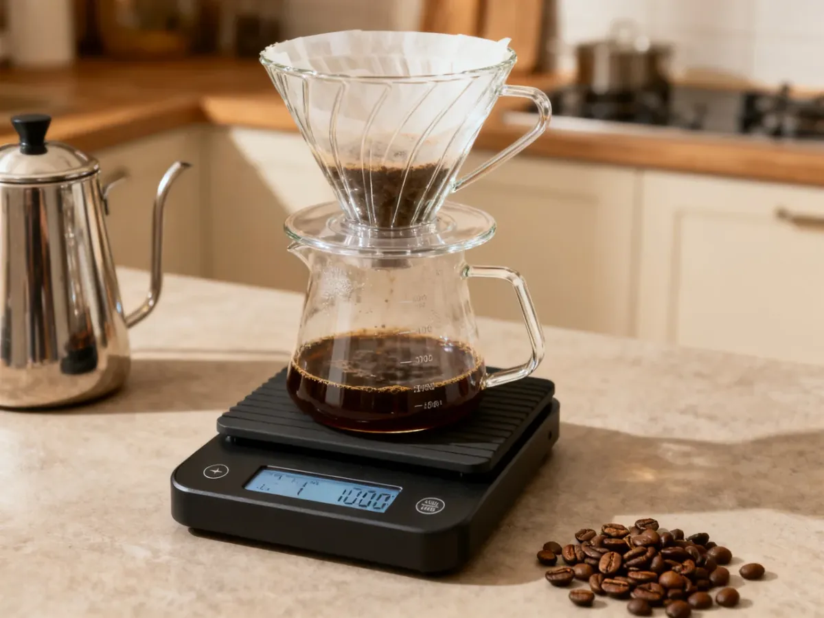 Waga baristyczna pod dripperem podczas precyzyjnego parzenia kawy