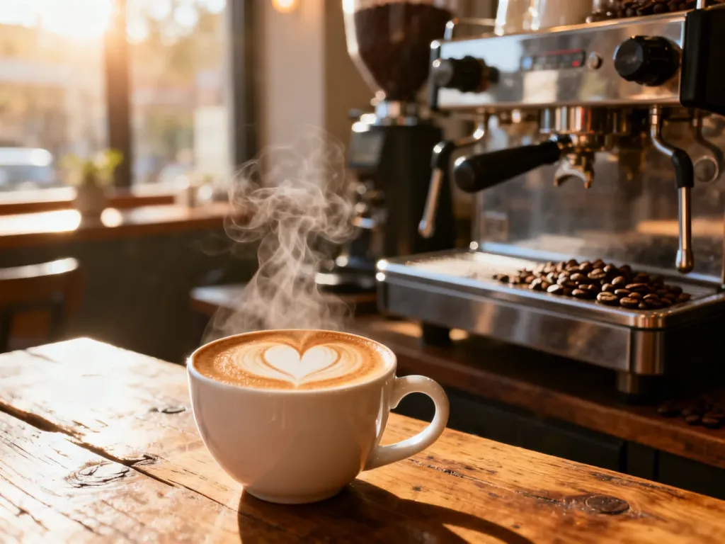 Filiżanka cappuccino z serduszkiem z pianki na drewnianym stole w przytulnej kawiarni.