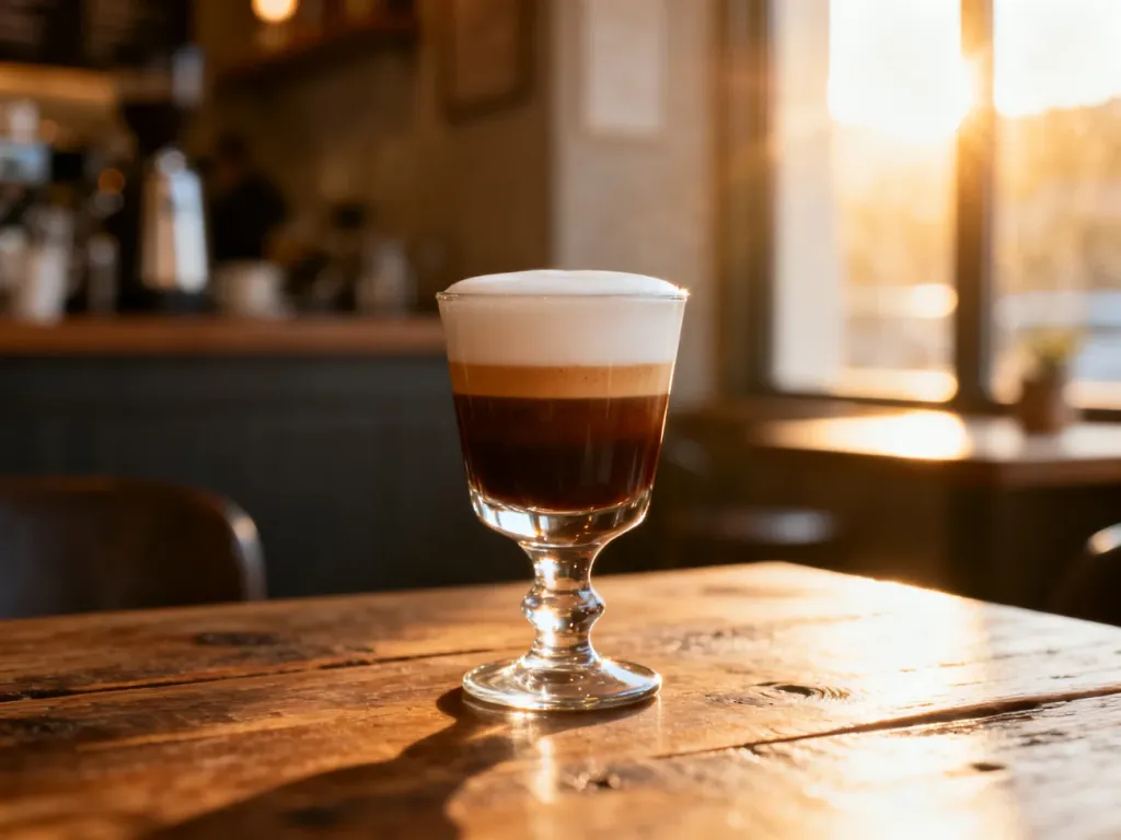 Szklanka kawy typu Gibraltar z warstwą espresso i aksamitną pianką na drewnianym stole w przytulnej kawiarni.
