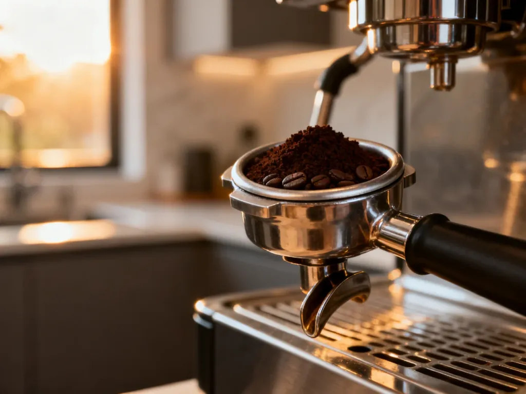 Kolba ekspresu napełniana świeżo zmieloną kawą w słonecznej kuchni. Zbliżenie na teksturę kawy przed parzeniem espresso.