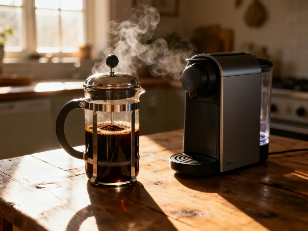 Porównanie klasycznego zaparzacza typu French press oraz nowoczesnego ekspresu kapsułkowego na drewnianym stole.