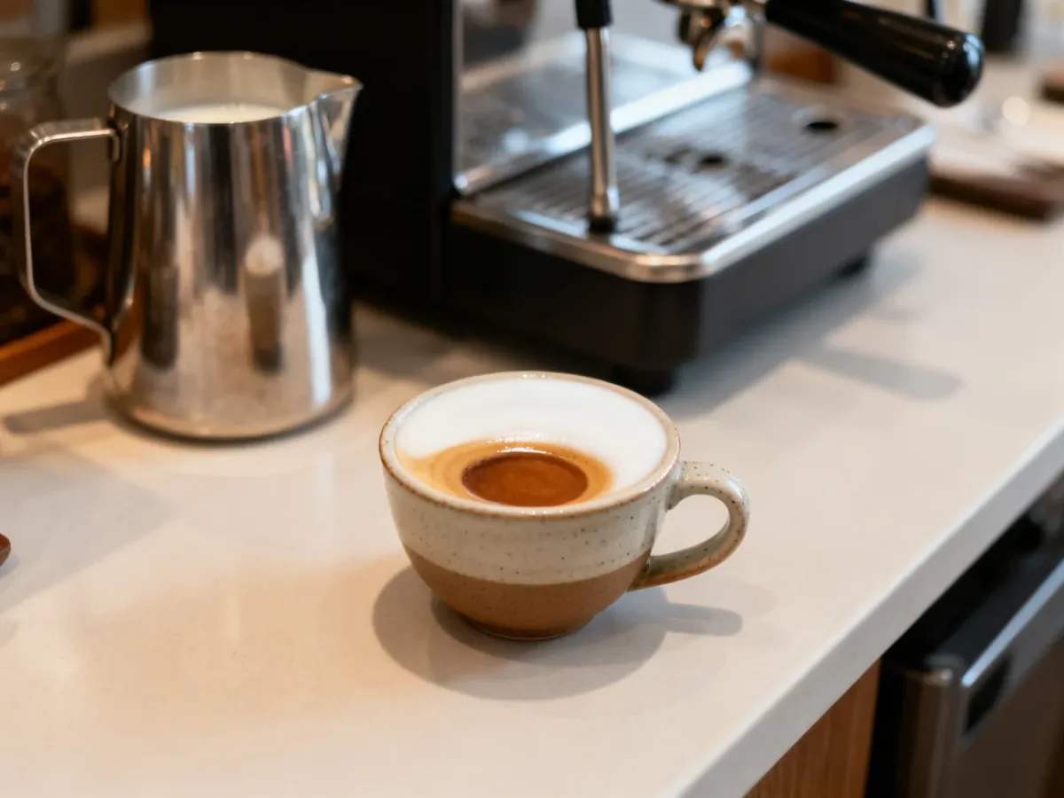 Flat white w filiżance z cienką warstwą gładkiej mikropianki