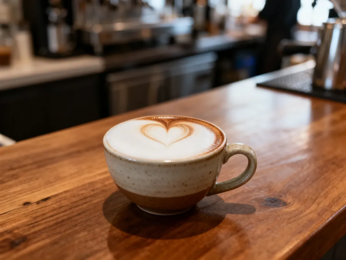 Flat white w filiżance z delikatnym wzorem latte art
