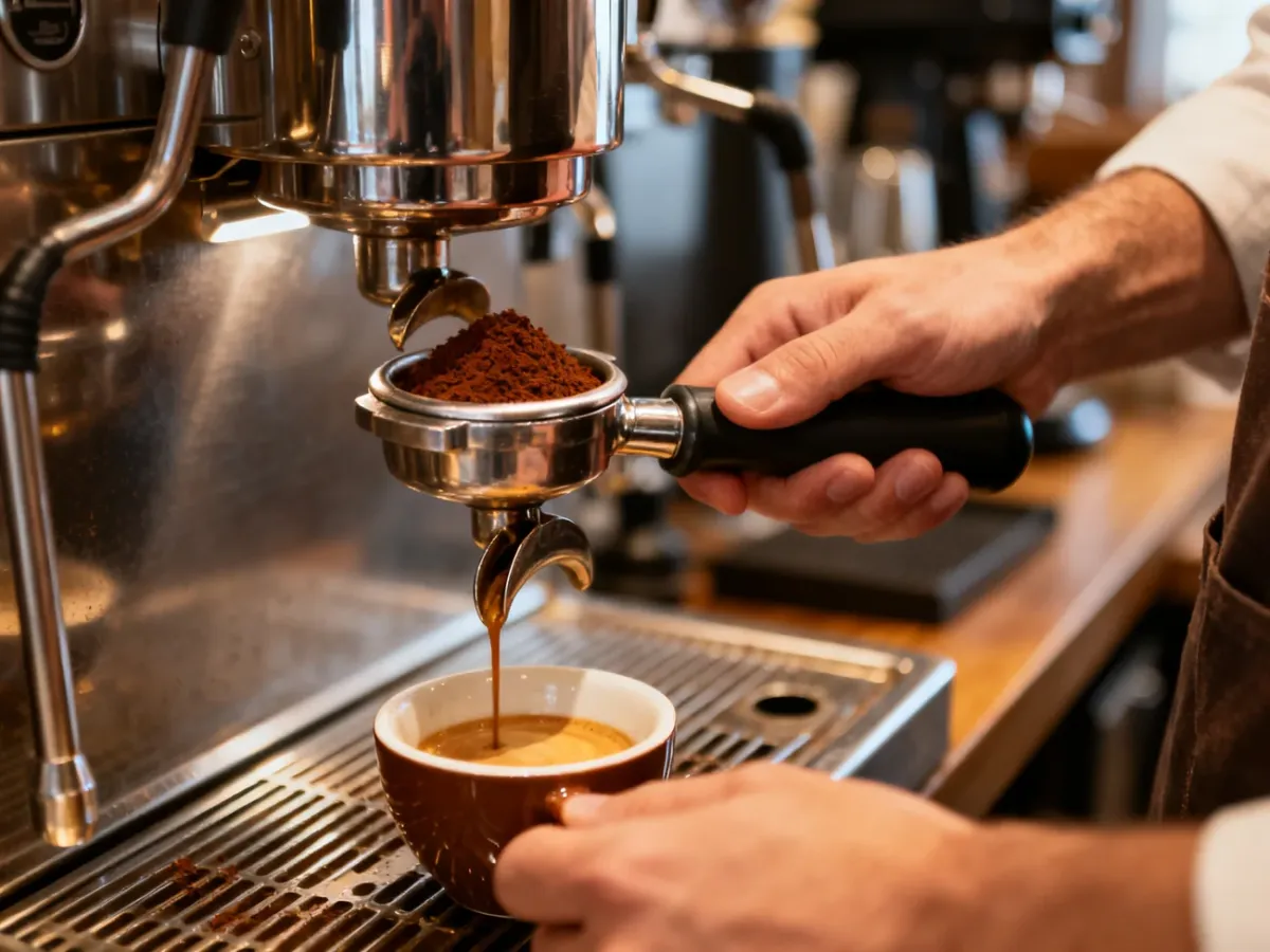Barista przygotowujący espresso z jasno palonych ziaren