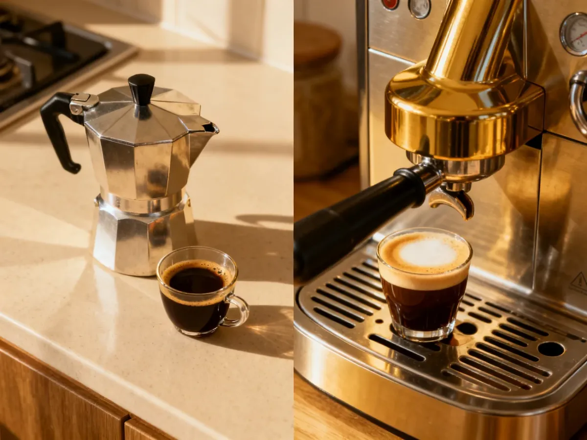 Kawiarka i ekspres wysokociśnieniowy z przygotowaną czarną kawą i espresso z cremą