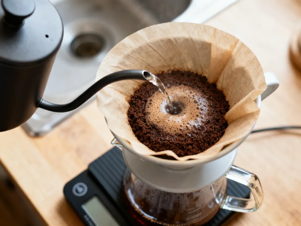 Parzenie kawy w dripperze Hario V60 podczas preinfuzji