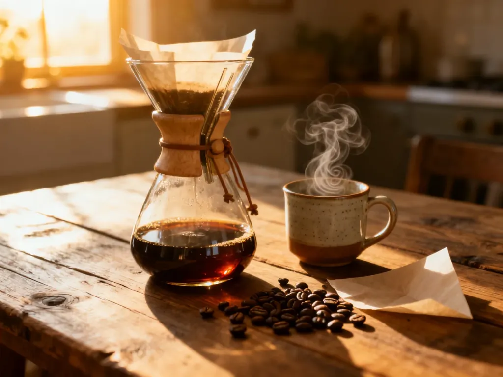 Szklany Chemex z zaparzoną kawą na drewnianym stole w przytulnej kuchni o zachodzie słońca.