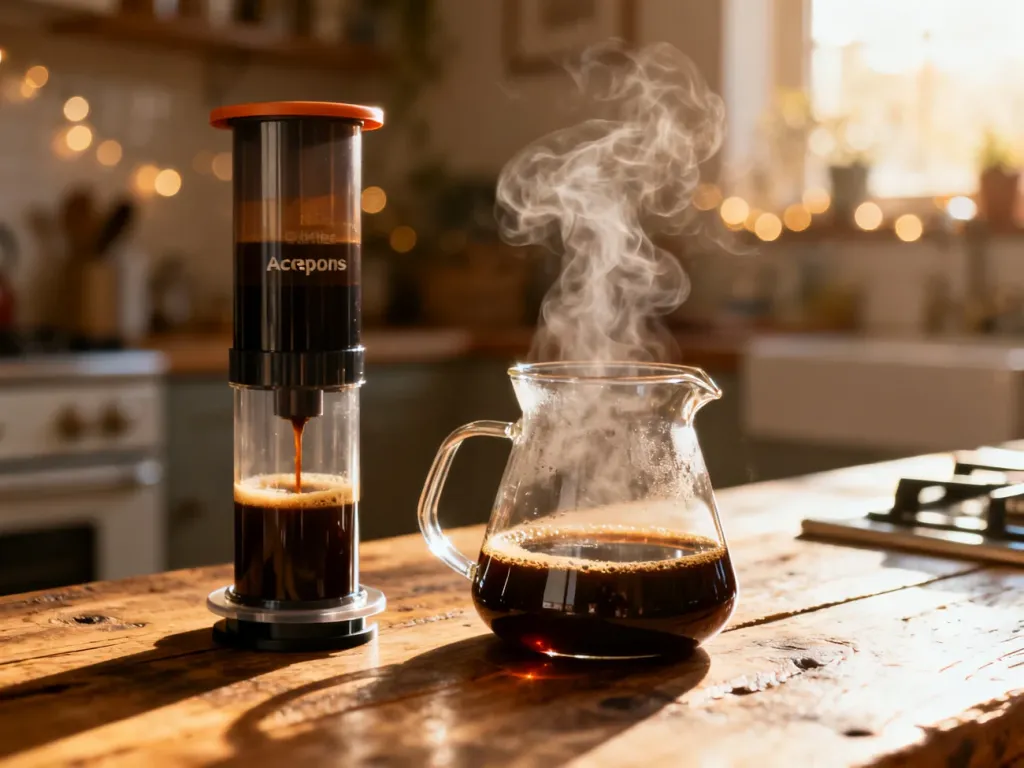 Aeropress na drewnianym blacie, z którego świeżo zaparzona kawa ścieka do szklanego dzbanka w promieniach porannego słońca.