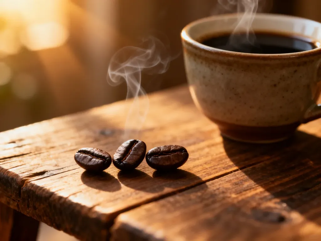 Trzy ziarna kawy dark roast na drewnianym stole, w tle filiżanka parzącej się czarnej kawy w ciepłym, porannym świetle.