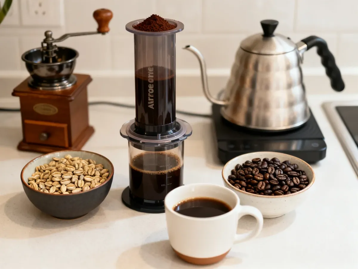Aeropress przygotowujący kawę obok jasnych i ciemnych ziaren