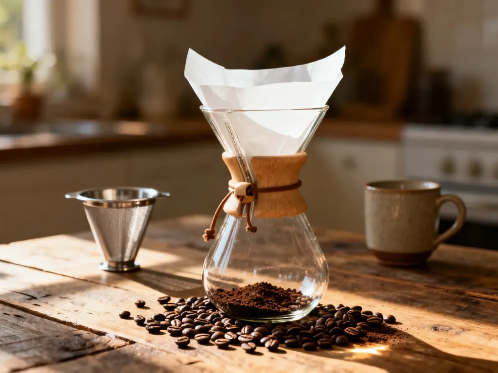 Szklany Chemex z papierowym filtrem i rozsypanymi ziarnami kawy na drewnianym stole. W tle widoczny filtr metalowy.
