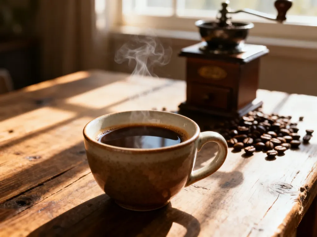 Filiżanka świeżego, aromatycznego espresso na drewnianym stole w porannym świetle, zachęcająca do poprawy jakości parzonej kawy.