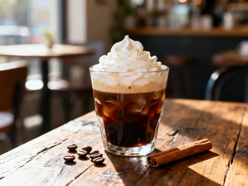 Szklanka mrożonego Freddo cappuccino z warstwą kawy i gęstą pianką na rustykalnym stole w promieniach porannego słońca.