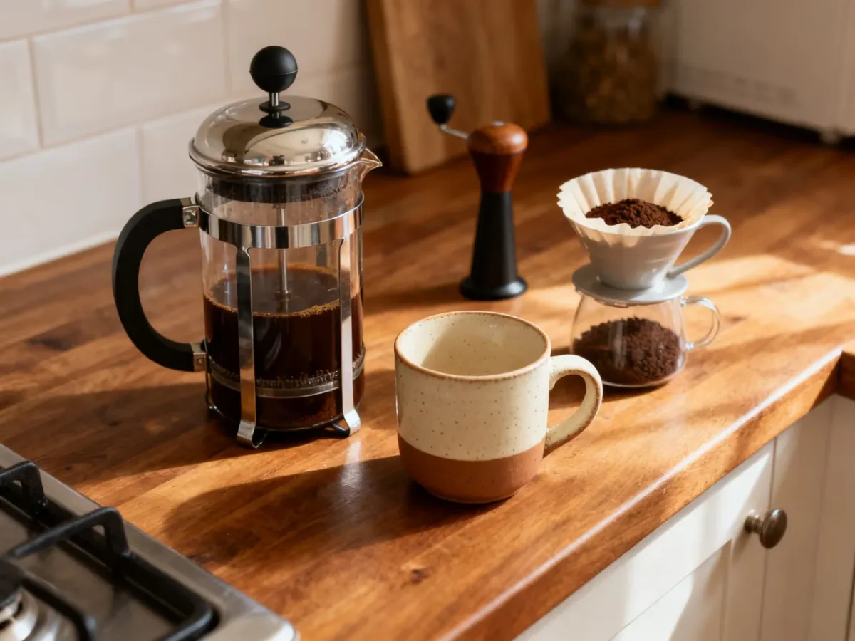 French Press, kubek i drip przygotowane do parzenia kawy mielonej
