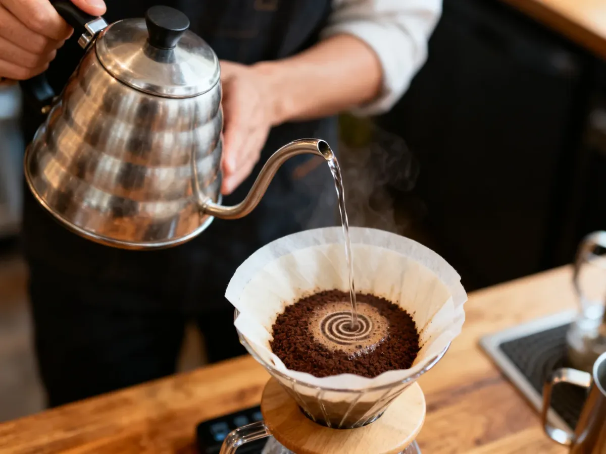 Barista nalewający cienkim strumieniem wodę z czajnika z gęsią szyją do drippera