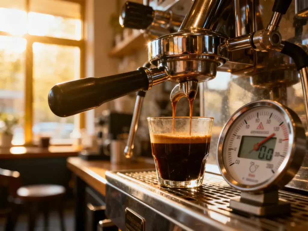 Ekspres do kawy z portafiltrem podczas parzenia espresso, z widocznym termometrem cyfrowym wskazującym temperaturę wody.