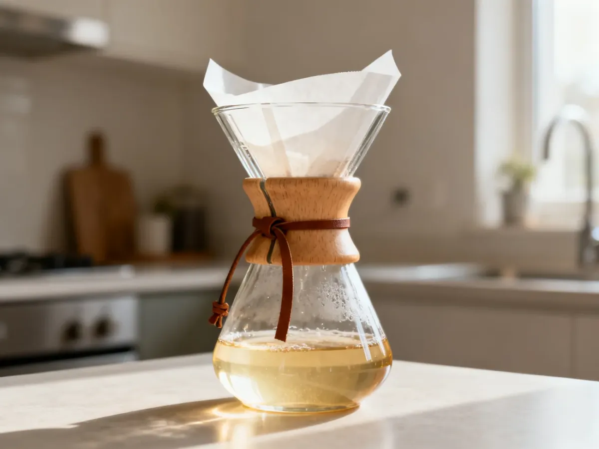 Szklany Chemex z drewnianym kołnierzem na kuchennym blacie