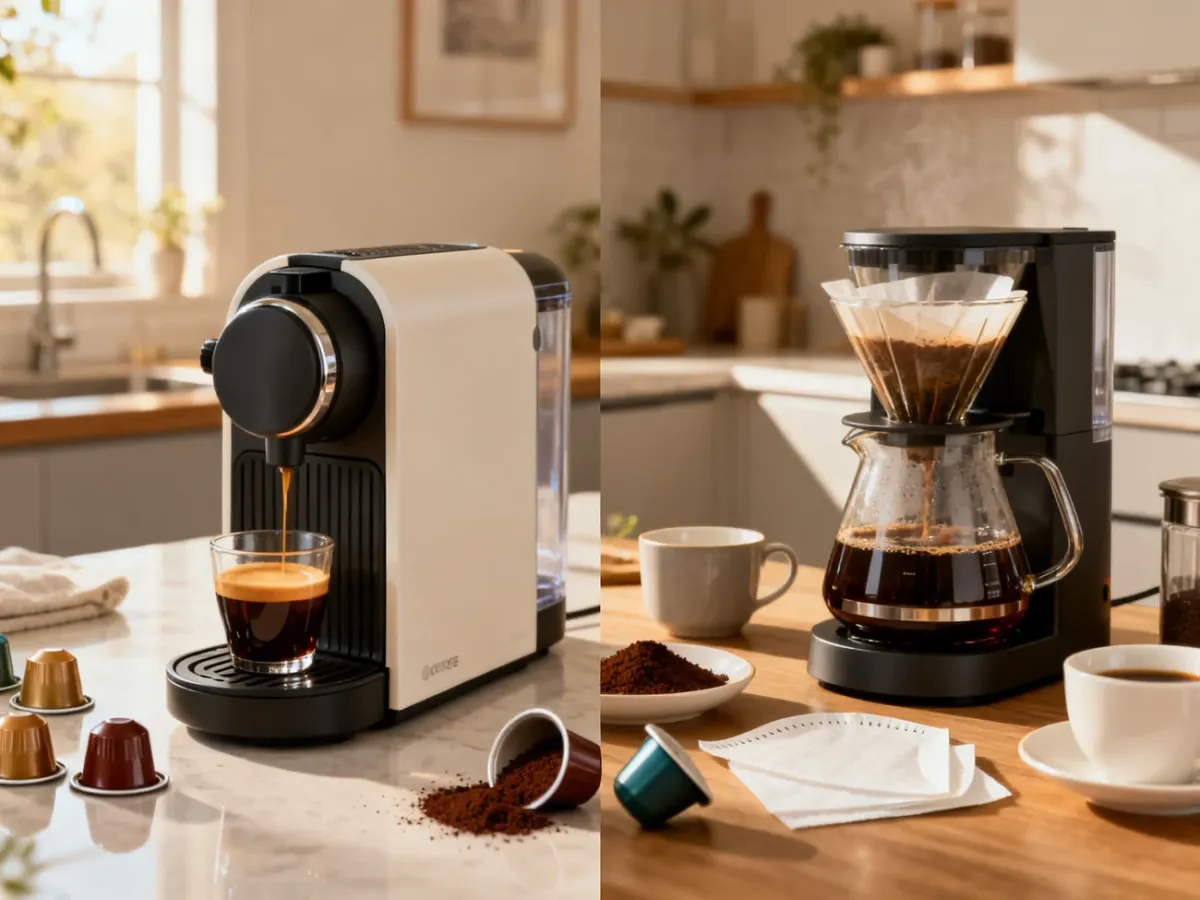 Porównanie ekspresu kapsułkowego przygotowującego espresso i ekspresu przelewowego napełniającego dzbanek