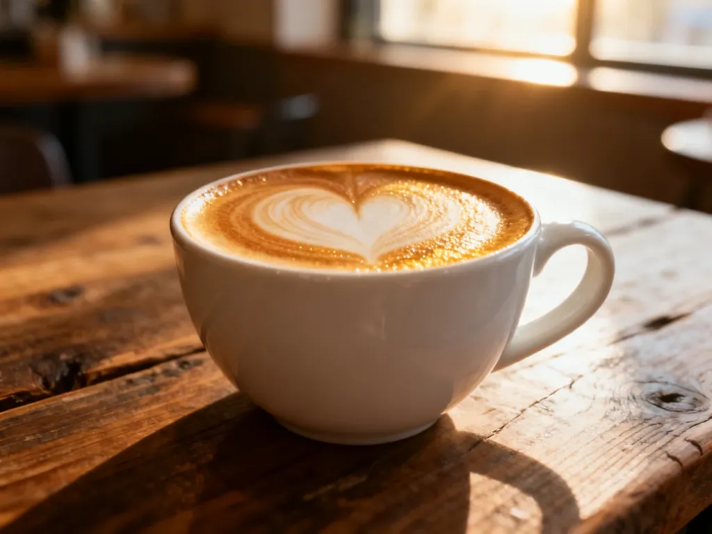 Idealne cappuccino w białej filiżance z wzorem latte art na tle przytulnej kawiarni w porannym słońcu.