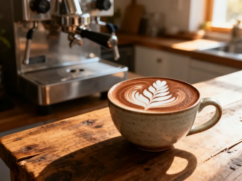 Kawa flat white w ceramicznej filiżance z wzorem latte art na drewnianym stole w przytulnej kuchni.