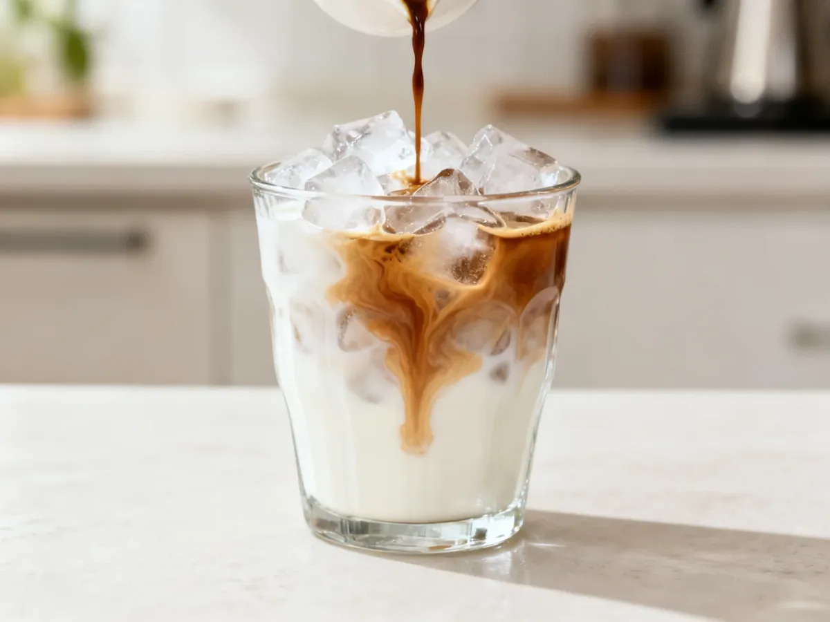 Szklanka domowego ice latte z lodem, mlekiem i warstwą espresso