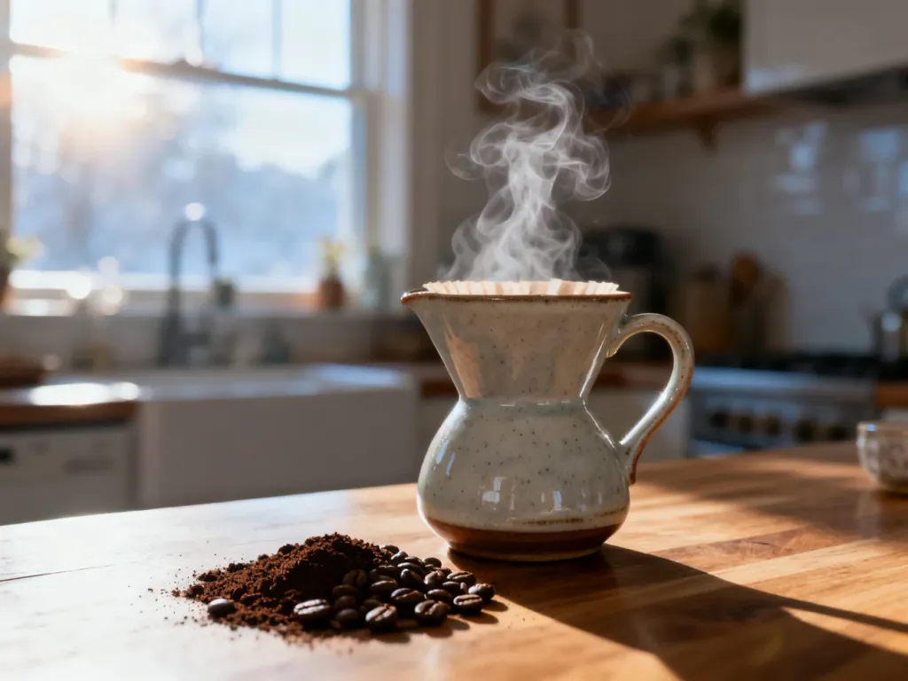 Ceramiczny dripper z parzącą się kawą na drewnianym blacie w promieniach porannego słońca.