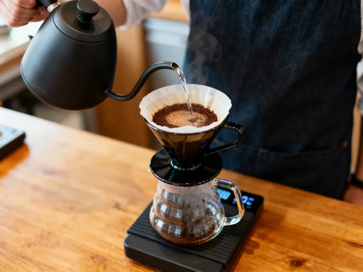 Powolne zalewanie kawy w dripperze V60 za pomocą czajnika z wąską wylewką